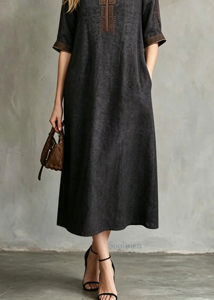 Women Black Embroidered Button Silk Maxi Dresses Summer