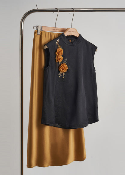 Women Black Embroidered Floral Decorated Silk Vest Sleeveless