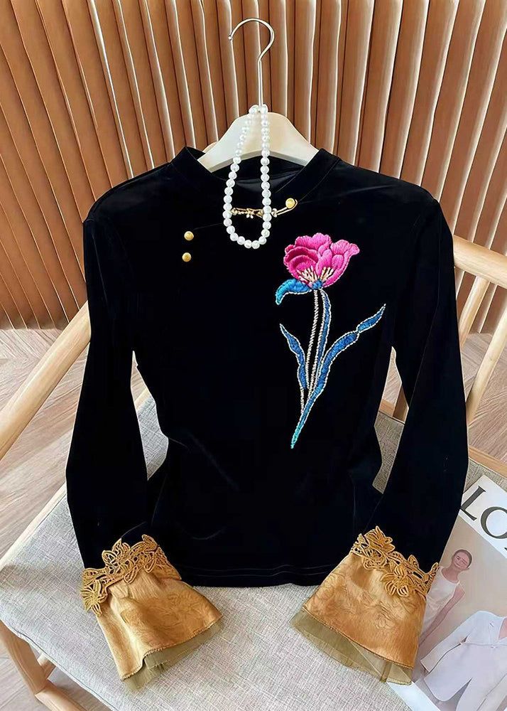 Blusas de terciopelo de seda con flores bordadas negras para mujer, mangas acampanadas