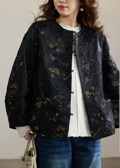 Women Black Embroidered Patchwork Silk Oriental Coats Spring