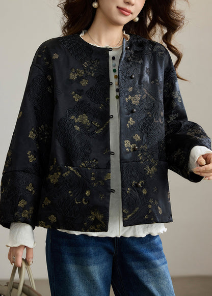 Women Black Embroidered Patchwork Silk Oriental Coats Spring