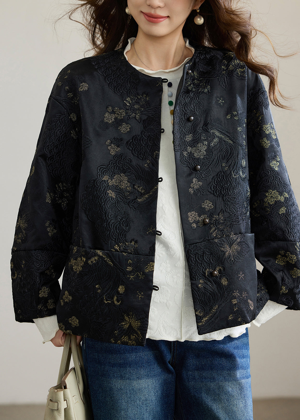Women Black Embroidered Patchwork Silk Oriental Coats Spring