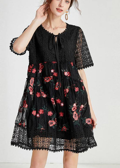 Women Black Embroidery Lace Bow Summer Dress - SooLinen