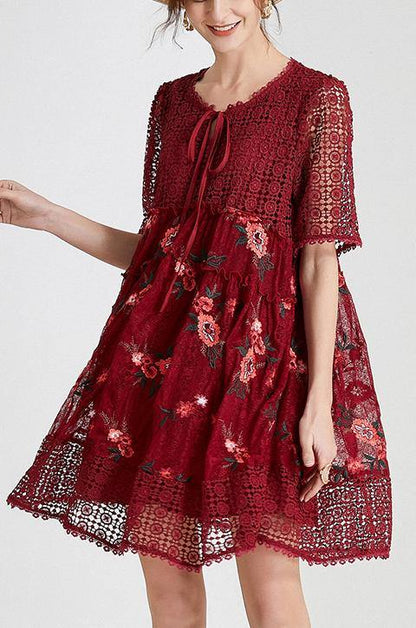 Women Black Embroidery Lace Bow Summer Dress - SooLinen