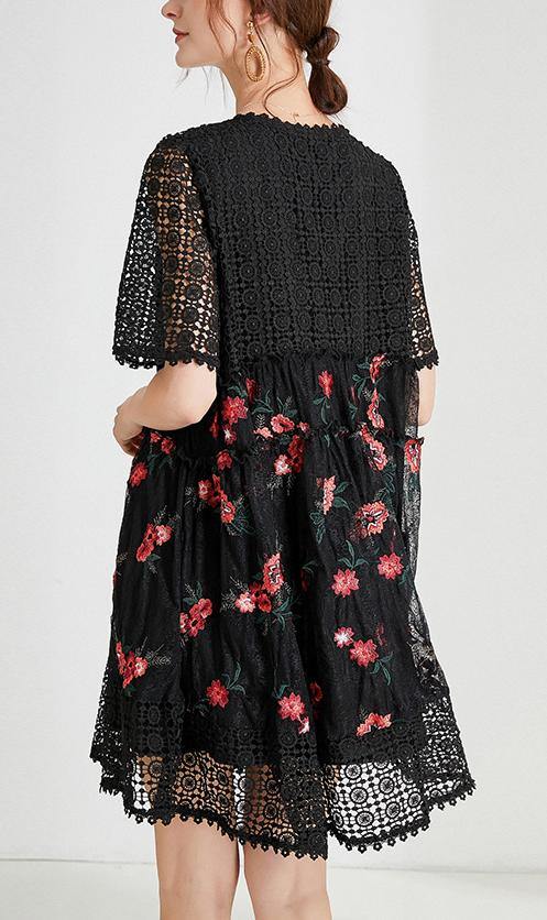 Women Black Embroidery Lace Bow Summer Dress - SooLinen