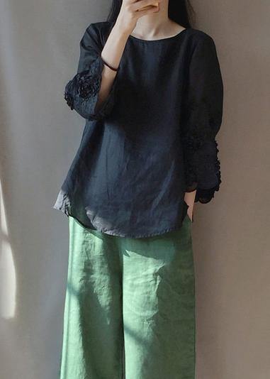 Women Black Embroidery Tunics O Neck Plus Size Clothing Tops - SooLinen