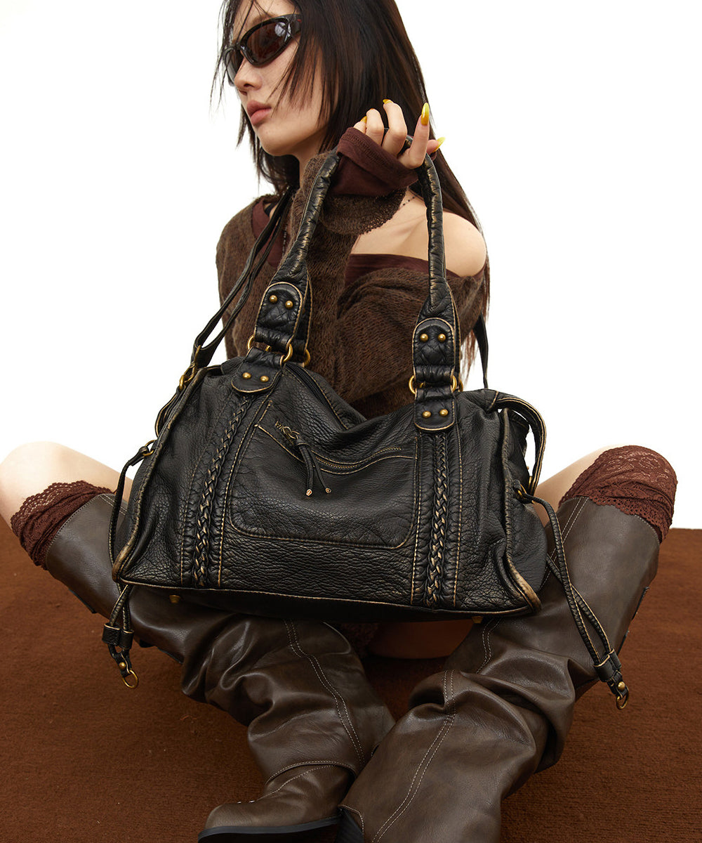 Women Black Faux Leather Large Capacity Tote Handbag