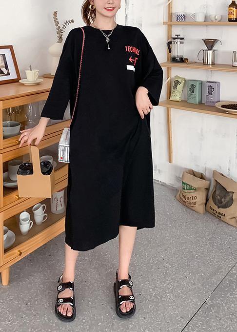 Women Black Graphic Cotton O neck Summer Mid Dress - SooLinen