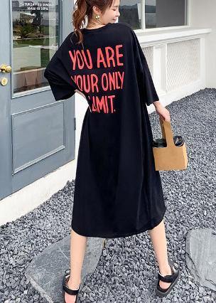 Women Black Graphic Cotton O neck Summer Mid Dress - SooLinen