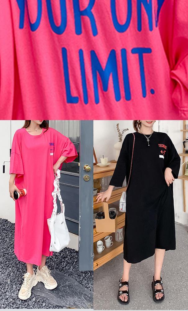 Women Black Graphic Cotton O neck Summer Mid Dress - SooLinen