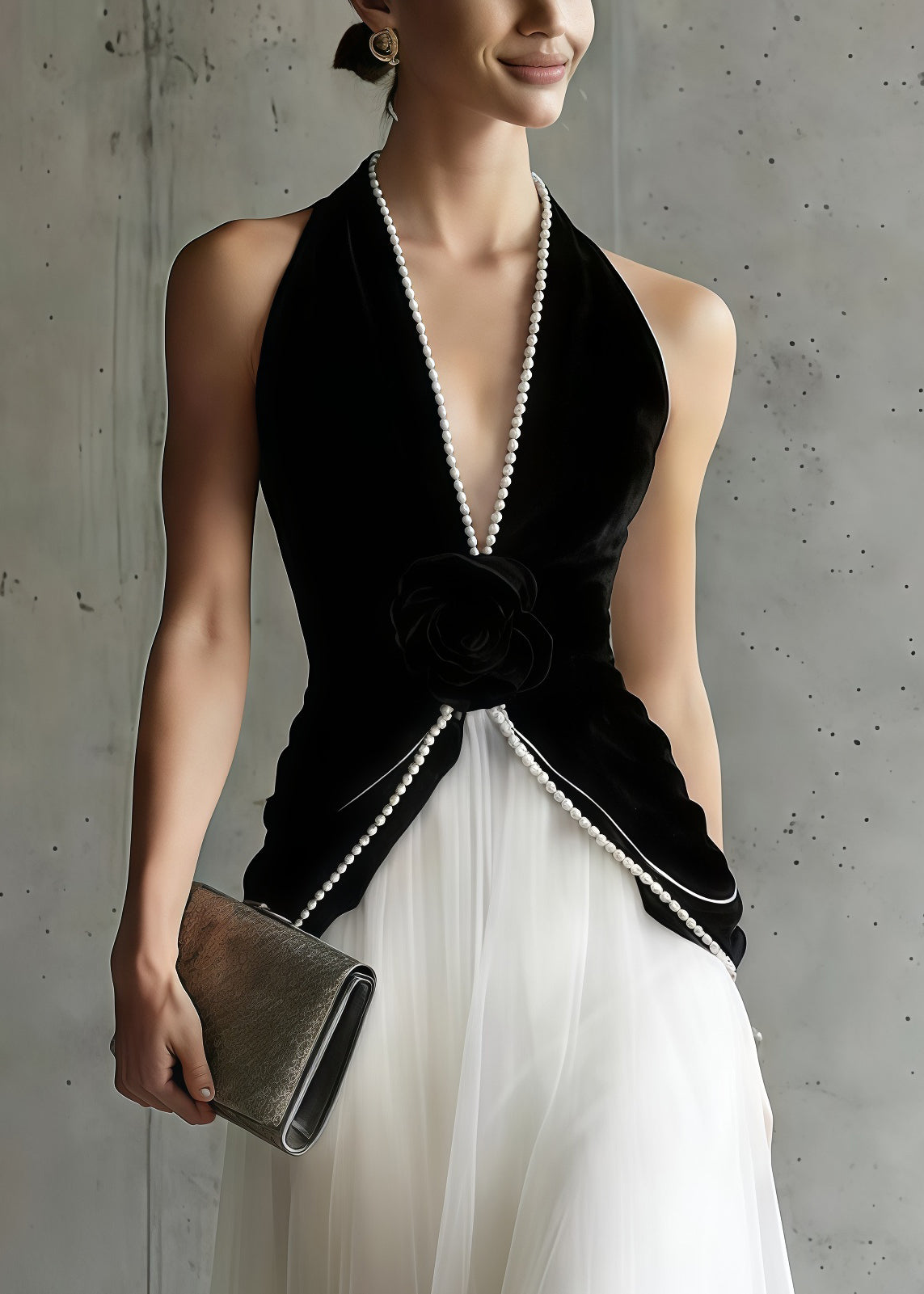 Women Black Halter Patchwork Tulle Flower Decorated Dinner Dress Sleeveless