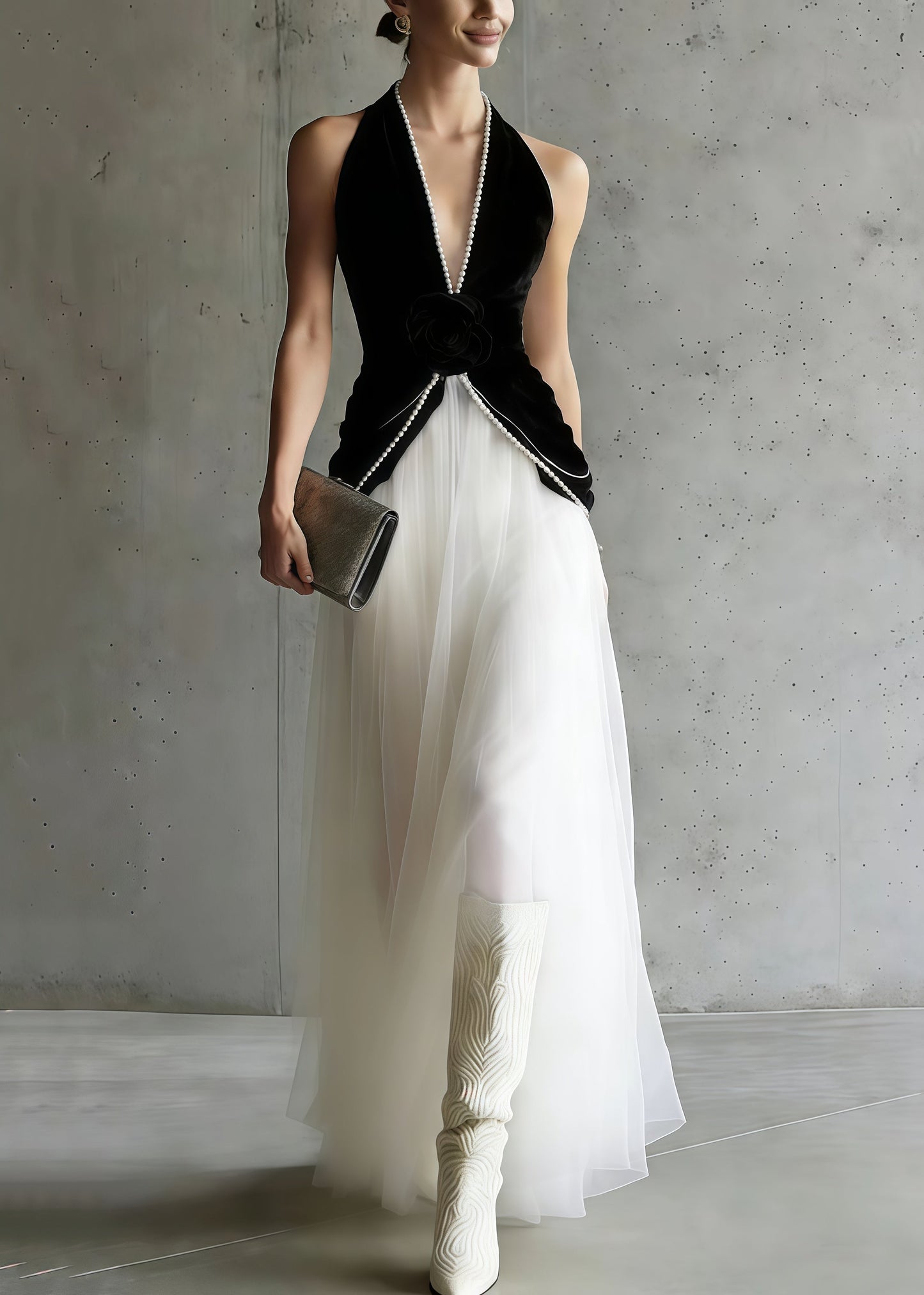 Women Black Halter Patchwork Tulle Flower Decorated Dinner Dress Sleeveless