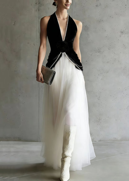 Women Black Halter Patchwork Tulle Flower Decorated Dinner Dress Sleeveless