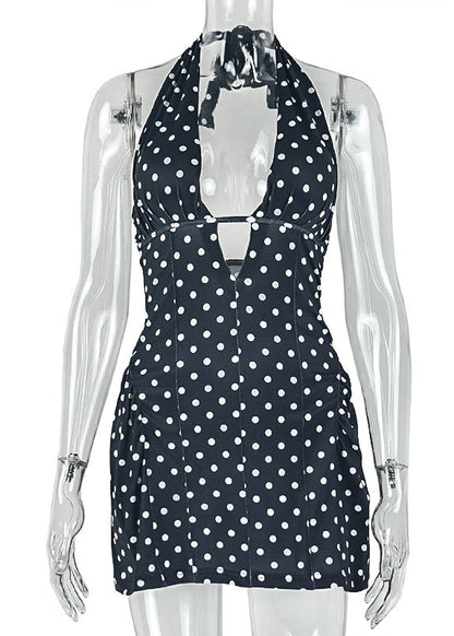 Women Black Halter Print Cotton Tea Dress Summer