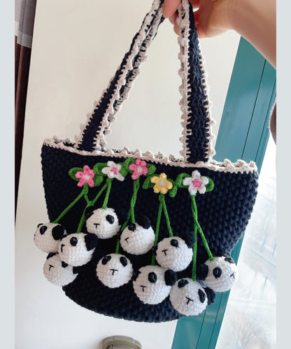 Schwarze, handgefertigte Strick-Handtasche mit Blumenmuster für Damen