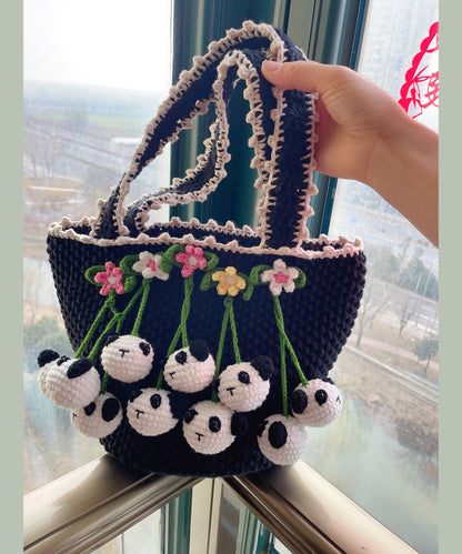 Schwarze, handgefertigte Strick-Handtasche mit Blumenmuster für Damen