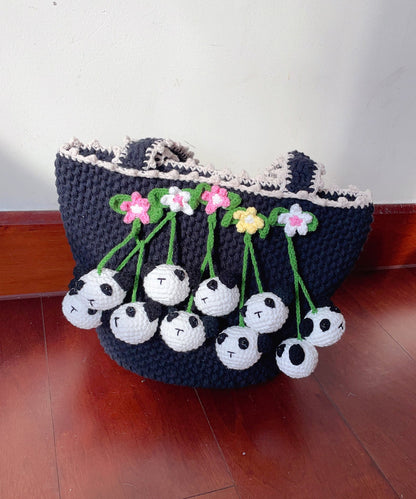 Schwarze, handgefertigte Strick-Handtasche mit Blumenmuster für Damen
