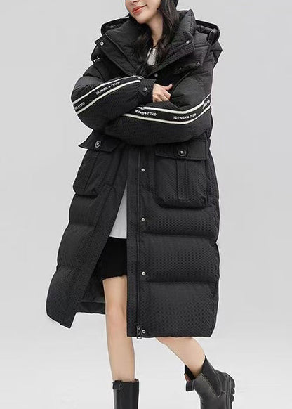 Women Black Hooded Patchwork Duck Down Winter Coats