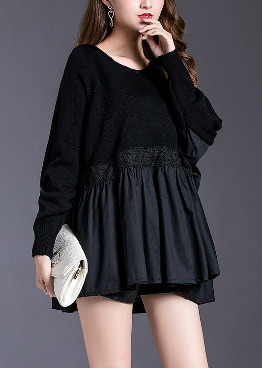 Women Black Hooded Patchwork Knit Pullover Spring