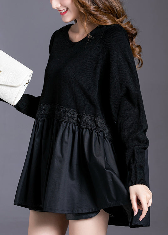 Frauen Schwarz Mit Kapuze Patchwork Stricken Pullover