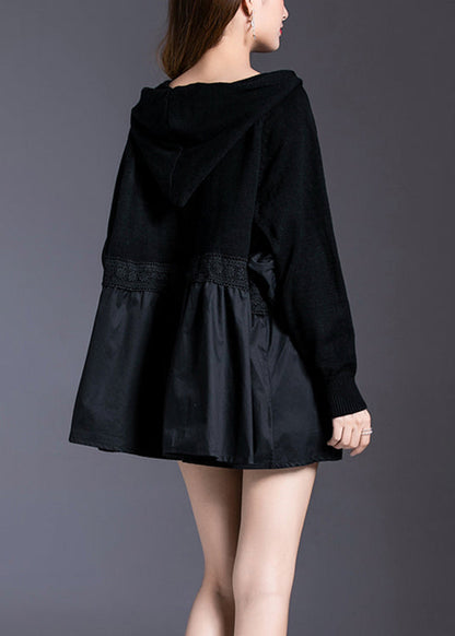 Frauen Schwarz Mit Kapuze Patchwork Stricken Pullover