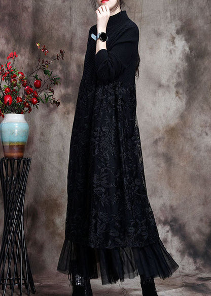 Damen Schwarzes Strick-Patchwork-Strickkleid mit asymmetrischem Design