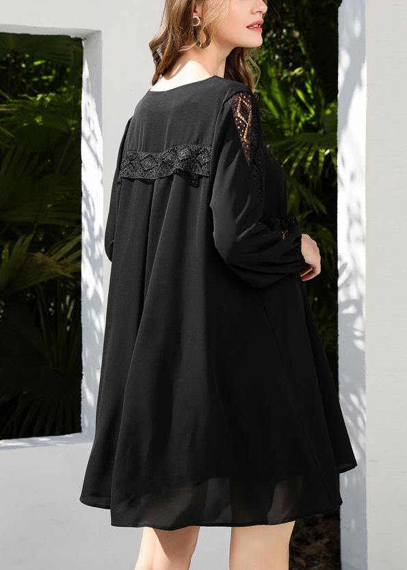 Women Black Lace Chiffon Button SummerDresses - SooLinen