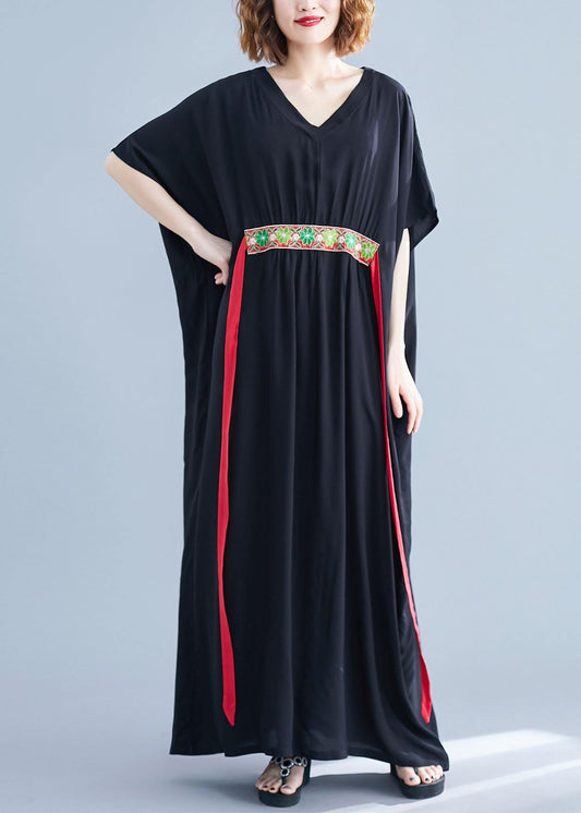 Women Black Loose V Neck Bat Wing Sleeve Summer Vacation Dress - SooLinen