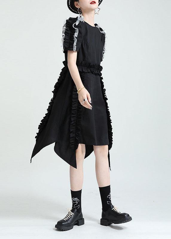 Women Black O-Neck Asymmetrical Design Patchwork Summer Cotton Sundress - SooLinen