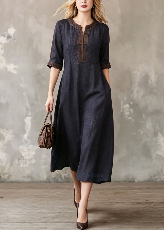 Women Black O-Neck Embroidered Silk Dress Summer