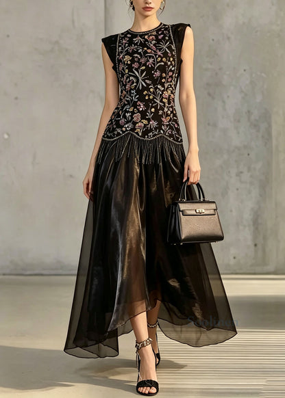 Women Black O Neck Embroidered Silk Two Piece Suit Set Summer