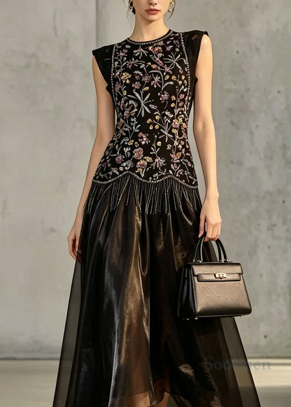 Women Black O Neck Embroidered Silk Two Piece Suit Set Summer