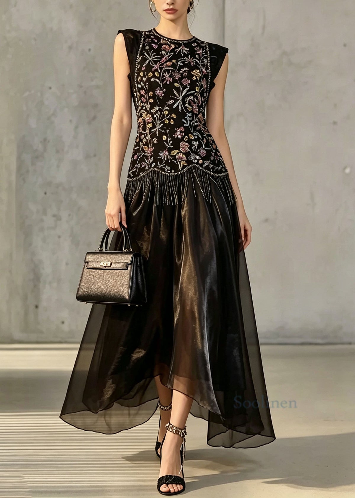 Women Black O Neck Embroidered Silk Two Piece Suit Set Summer