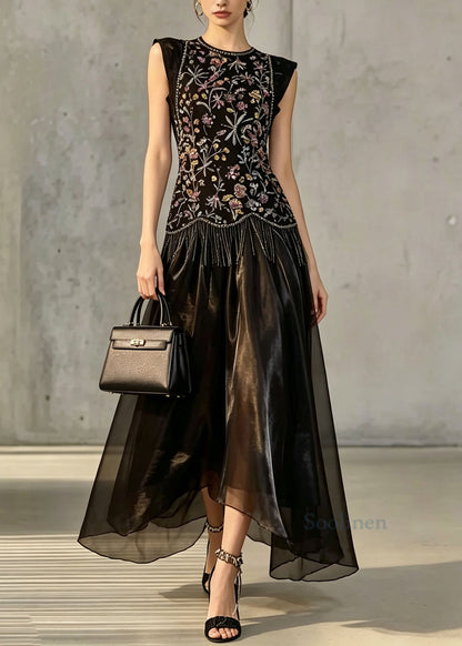 Women Black O Neck Embroidered Silk Two Piece Suit Set Summer