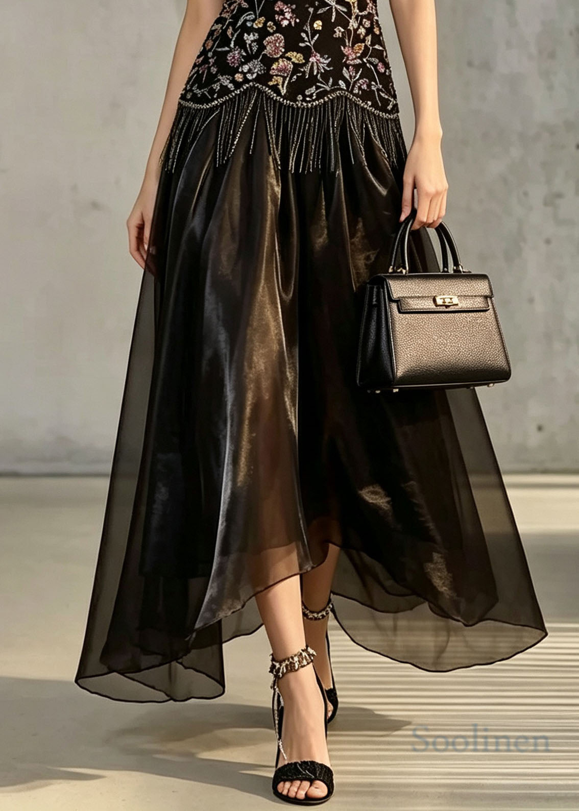 Women Black O Neck Embroidered Silk Two Piece Suit Set Summer