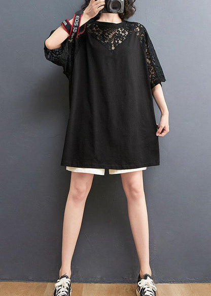 Women Black O-Neck Hollow Out Half sleeve Cotton Summer Top - SooLinen