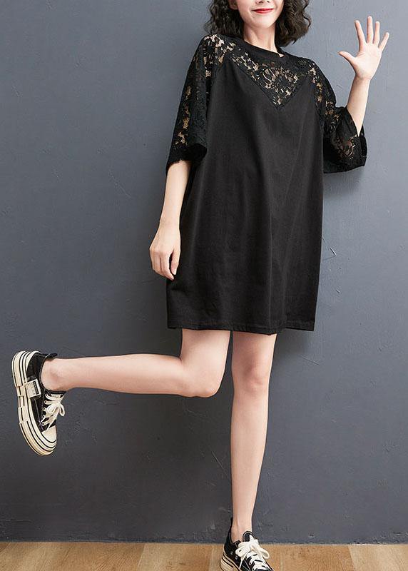 Women Black O-Neck Hollow Out Half sleeve Cotton Summer Top - SooLinen