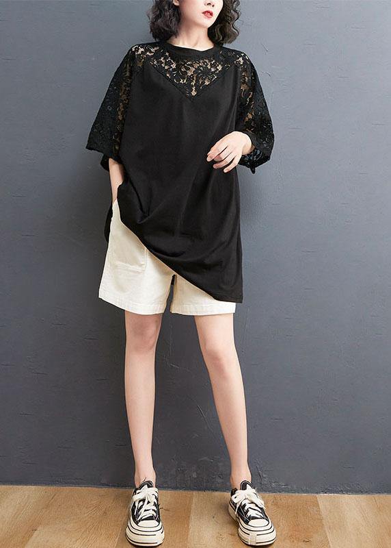 Women Black O-Neck Hollow Out Half sleeve Cotton Summer Top - SooLinen