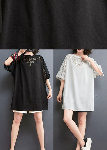 Women Black O-Neck Hollow Out Half sleeve Cotton Summer Top - SooLinen