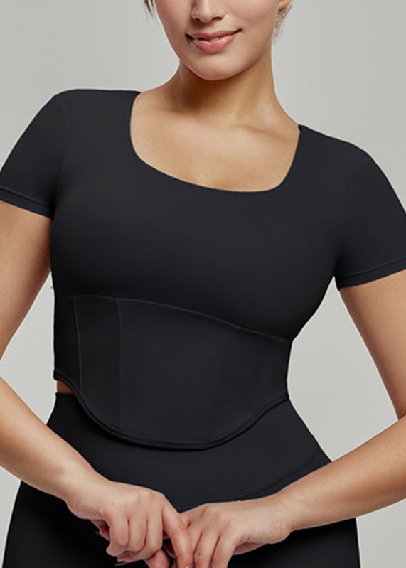 Women Black O-Neck O-Neck Short Sleeve Yoga Top