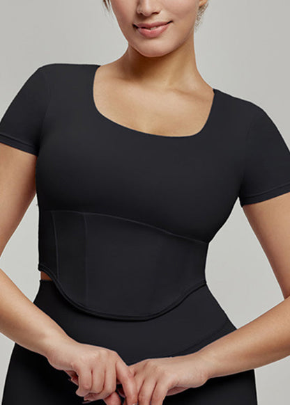Women Black O-Neck O-Neck Short Sleeve Yoga Top