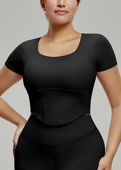 Women Black O-Neck O-Neck Short Sleeve Yoga Top