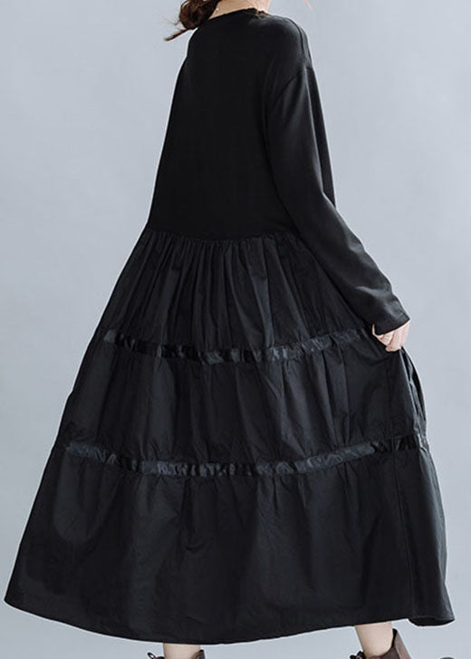 Frauen Schwarz O-Ausschnitt Patchwork Baumwolle Kleid Frühling