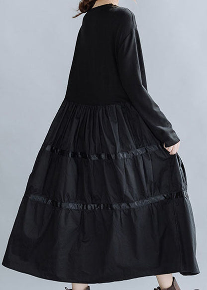 Frauen Schwarz O-Ausschnitt Patchwork Baumwolle Kleid Frühling