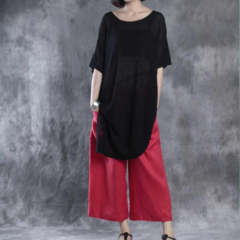 Schwarzes Patchwork-Oberteil mit O-Ausschnitt und halben Ärmeln für Damen