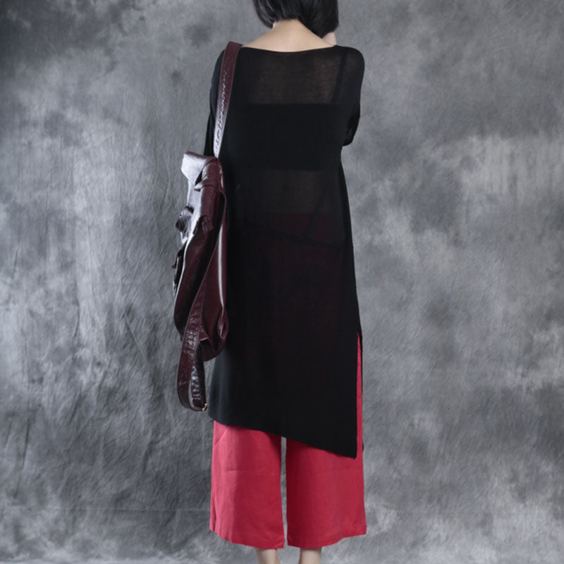 Schwarzes Patchwork-Oberteil mit O-Ausschnitt und halben Ärmeln für Damen