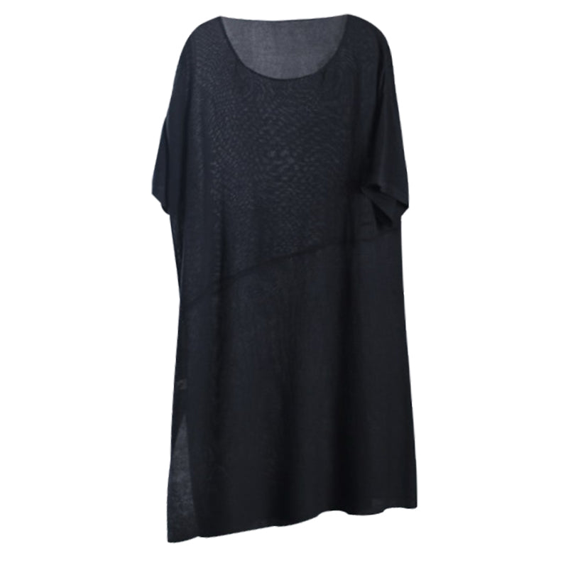 Schwarzes Patchwork-Oberteil mit O-Ausschnitt und halben Ärmeln für Damen