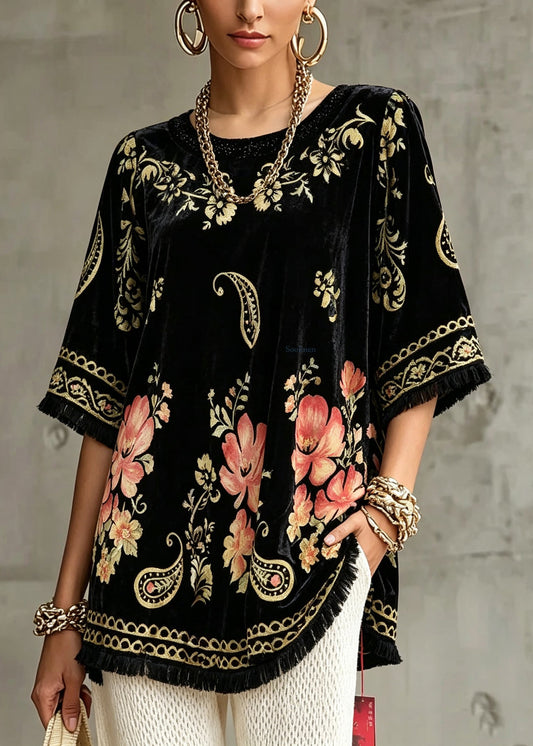 Women Black O-Neck Print Silk Top Short Sleeve