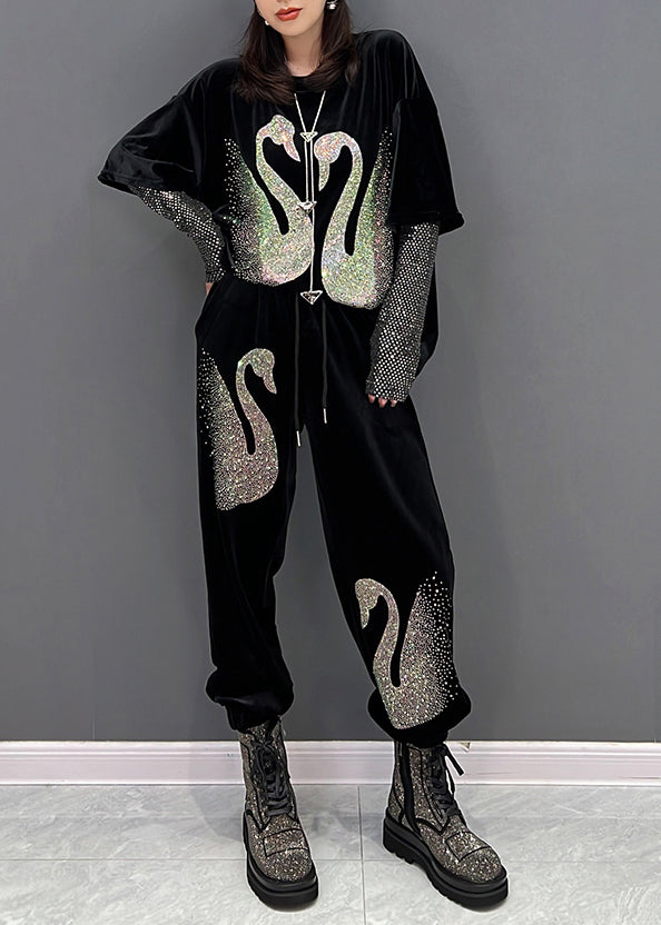 Frauen Schwarz O-Ausschnitt Pailletten Velours Top und Hose Zwei Stücke Set Winter