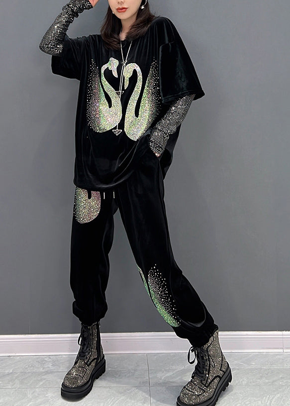 Frauen Schwarz O-Ausschnitt Pailletten Velours Top und Hose Zwei Stücke Set Winter